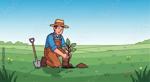 Obraz A cheerful farmer wearing overalls and a straw hat kneels in a green field planting a small tree sapling with a shovel nearby on a sunny day