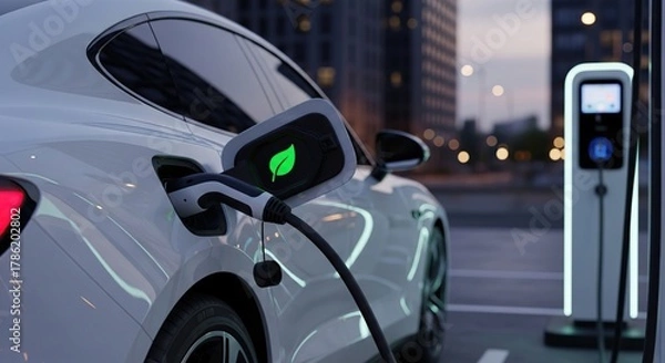 Obraz Modern white electric car plugged into a sleek charging station on a city street at dusk with buildings in the background