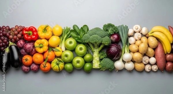 Obraz A vibrant and colorful assortment of fresh healthy fruits and vegetables arranged in a rainbow spectrum on a clean light gray background for a visually appealing display of produce