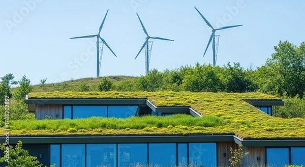 Obraz Modern sustainable building with a living green roof and wind turbines on a hill under a clear blue sky