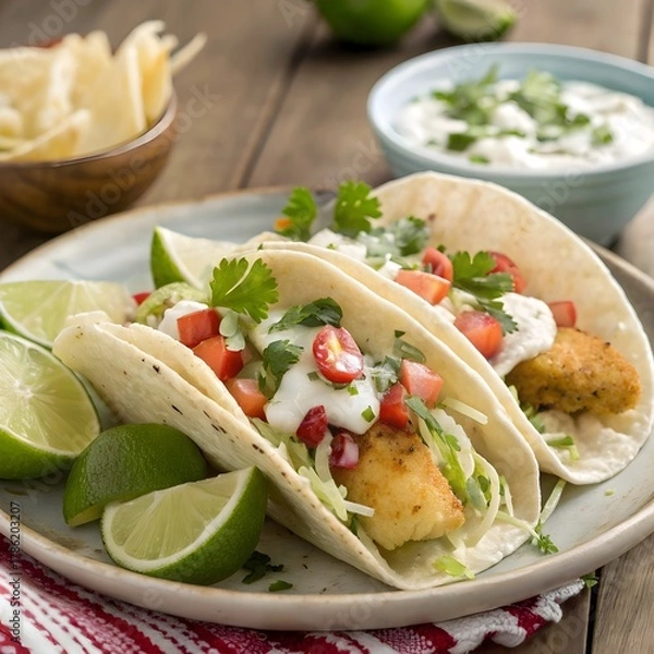 Obraz Crispy beer-battered fish tacos with cabbage slaw and creamy sauce in corn tortillas