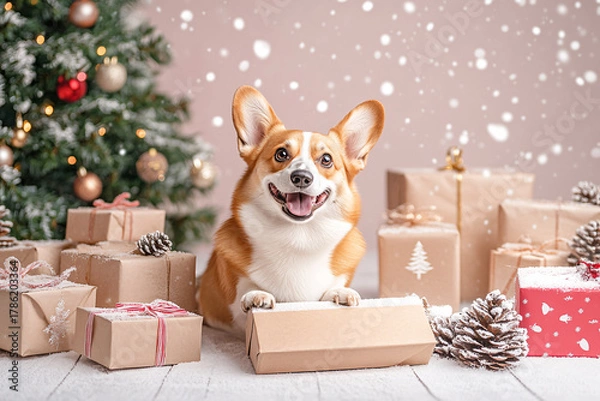 Obraz Cute Christmas Welsh Corgi Portrait on Solid Background