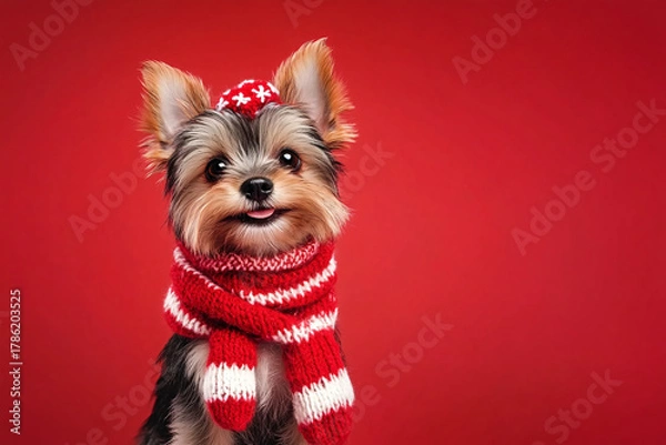 Obraz Cute Christmas Yorkshire Terrier Portrait on Solid Background