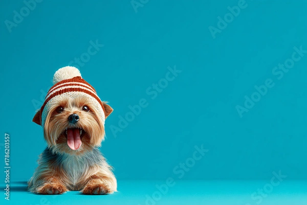 Obraz Cute Christmas Yorkshire Terrier Portrait on Solid Background