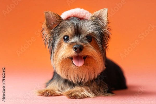 Obraz Cute Christmas Yorkshire Terrier Portrait on Solid Background