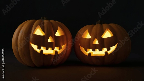 Fototapeta Spooky glowing jack-o'-lanterns illuminated from within on a dark background Halloween promotions