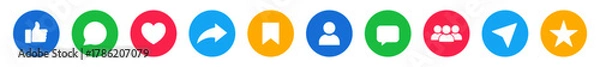 Fototapeta Like, comment, love, heart, share, repost, save, thumb up, favorite, user button sign in circle. Social media icon set