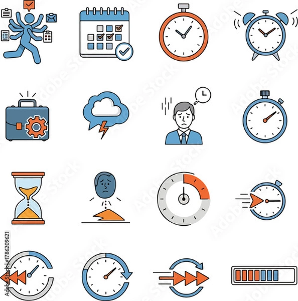 Fototapeta Collection of Business and Time Management Icons with a Man Multitasking Calendar Stopwatch Hourglass and Progress Bar