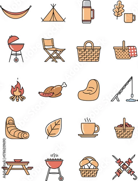 Fototapeta Collection of Camping and Outdoor Picnic Icons Flat Design Style with Warm Orange and Red Colors Representing Leisure and Fun