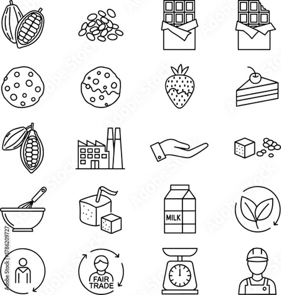Fototapeta Collection of Chocolate Making Ingredients and Process Icons Featuring Cacao Pods, Beans, Bars, Factory, and Fair Trade Symbols