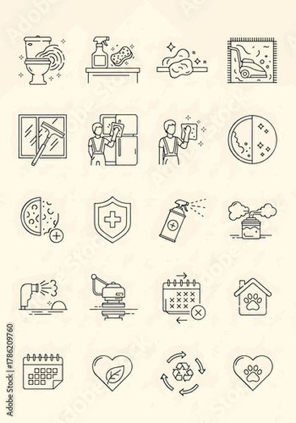 Fototapeta Collection of cleaning icons for house, home and business, set of vector symbols, isolated on beige background, modern style