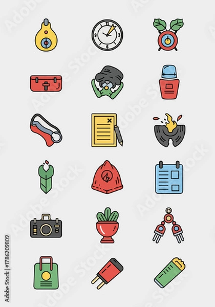 Fototapeta Collection of colorful flat icons representing various objects and symbols for design and technology, diverse icon set