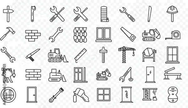 Fototapeta Collection of Construction Tools and Equipment Icons Set Vector Graphics Building Industry Elements Hammers Wrenches And More