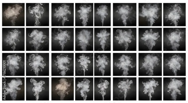 Fototapeta A diverse collection of realistic white smoke plumes and vapor cloud elements isolated on a black background, perfect for visual effects overlays and design projects