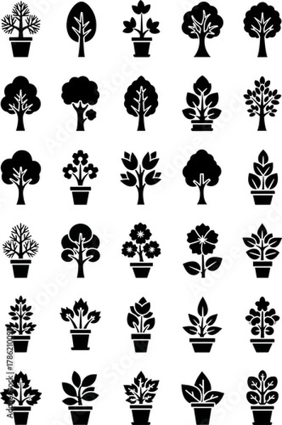 Fototapeta Collection of Diverse Black and White Tree and Plant Icons in Pots, Set of Botanical Vector Graphics for Design