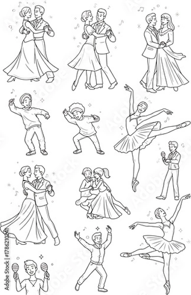 Fototapeta Collection of Diverse People Dancing and Celebrating in Various Styles, From Ballet to Social Dances