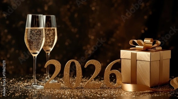 Obraz Golden new year 2026 celebration with champagne and gift