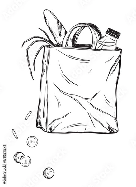 Fototapeta Sketch of a paper bag with groceries. Hand-drawn ink vector illustration of a store bag and money. Linear graphic elements for grocery store design, isolated on a white background.