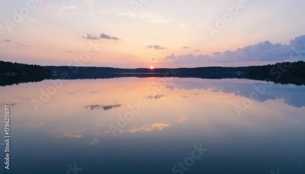 Fototapeta Sunrise Over Serene Waters A perfectly still lake reflecting a spectacular sunrise. The sky is painted with soft hues of orange, pink, and gold, with delicate clouds adding texture. The water is a