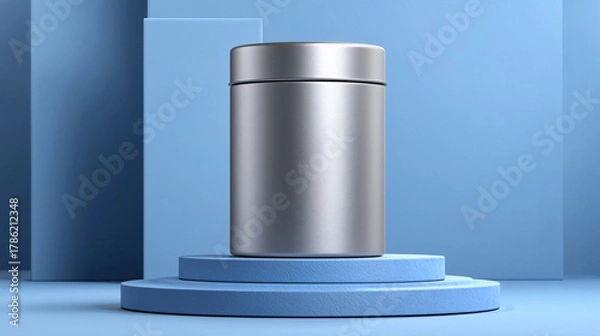 Obraz Sleek silver cylinder product mockup on minimalist blue display stages modern branding