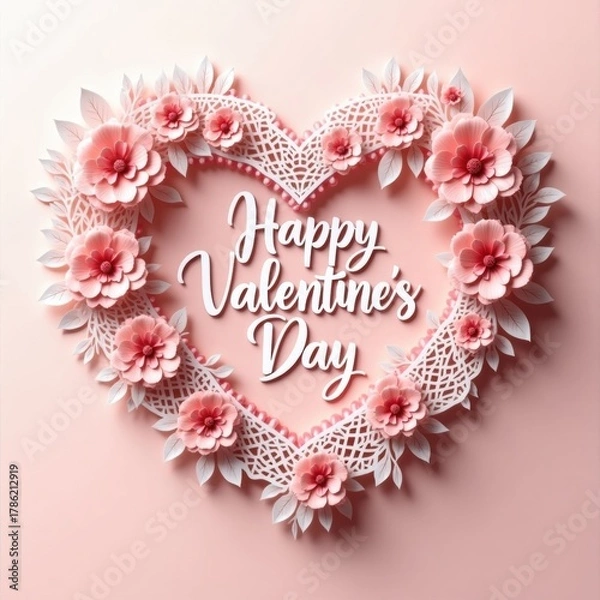 Fototapeta Elegant heart shaped floral wreath with happy valentines day text