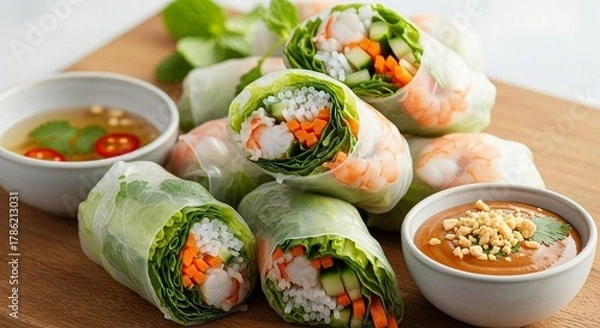 Fototapeta Fresh spring rolls with dipping sauce, cut in half to show ingredients