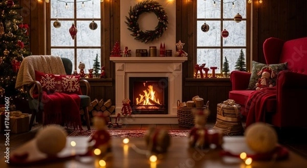 Obraz classic red and green christmas cabin interior