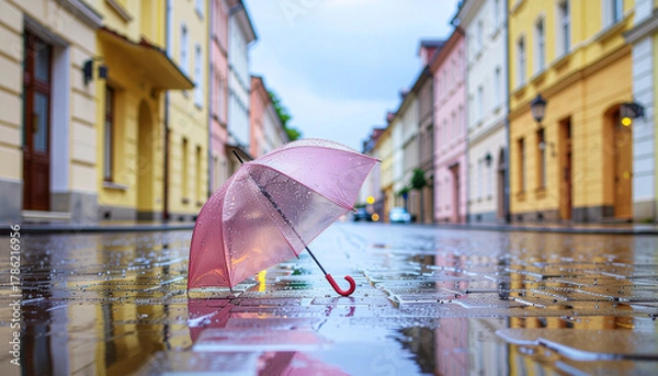 Fototapeta Pink umbrella on wet cobblestone street creates multi hazard scenario with rain reflections and colorful buildings in urban environment