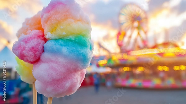 Fototapeta Rainbow Cotton Candy Delight at the Carnival with the Ferris Wheel Backdrop with copy space for National Cotton Candy Day