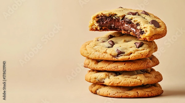 Fototapeta Irresistible stack of gooey chocolate chip cookies for dessert indulgence with copy space for National Cookie Day, Chocolate Chip Cookie Week, Cookie Exchange Day, Homemade Cookies Day