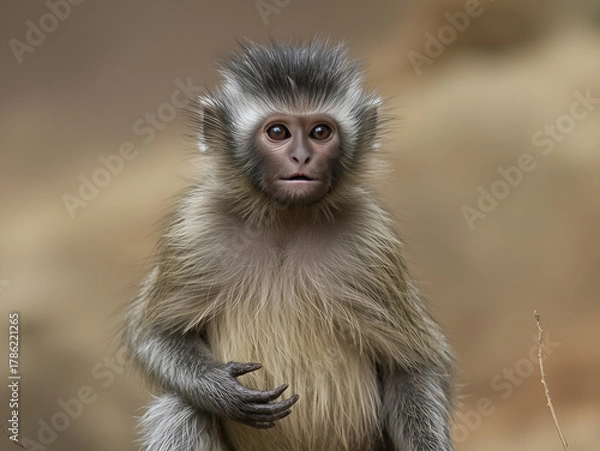 Fototapeta Curious wild monkey looking at camera in tropical forest