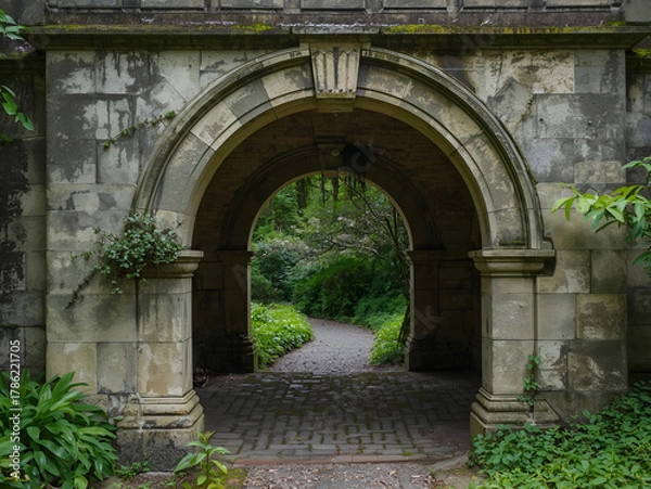 Fototapeta Old stone archway leading to lush green garden pathway