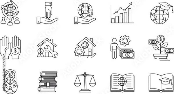 Obraz Collection of Business and Finance Icons Global Economy Education and Legal Concepts Vector Graphics Set