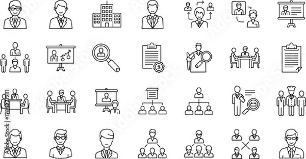 Obraz Collection of Business and Office Icons, Featuring People, Meetings, and Organizational Charts on White Background