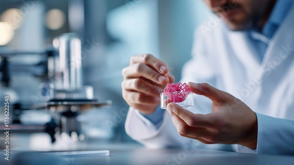 Fototapeta Faceless scientist's hands manipulating 3D printed tissue scaffold defocused bioprinter in background regenerative medicine research organ on chip technology biomaterial engine