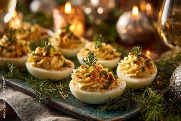 Obraz Deviled eggs topped with paprika and dill on teal plate. Concept of festive gathering with stuffed eggs with creamy filling, warm light, wooden table, candles, white wine.