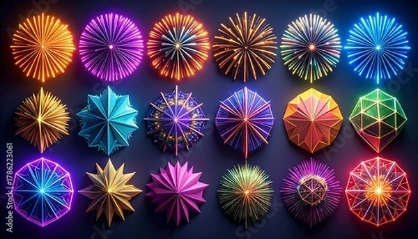 Obraz Firefly inspired geometric fireworks bursting in bright neon hues