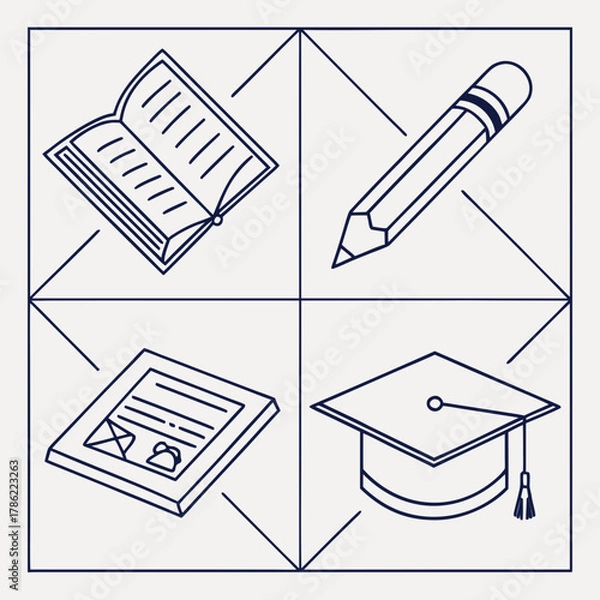 Fototapeta A minimalist line art illustration depicting four essential elements of education an open book a pencil a diploma and a graduation cap arranged within a geometric grid