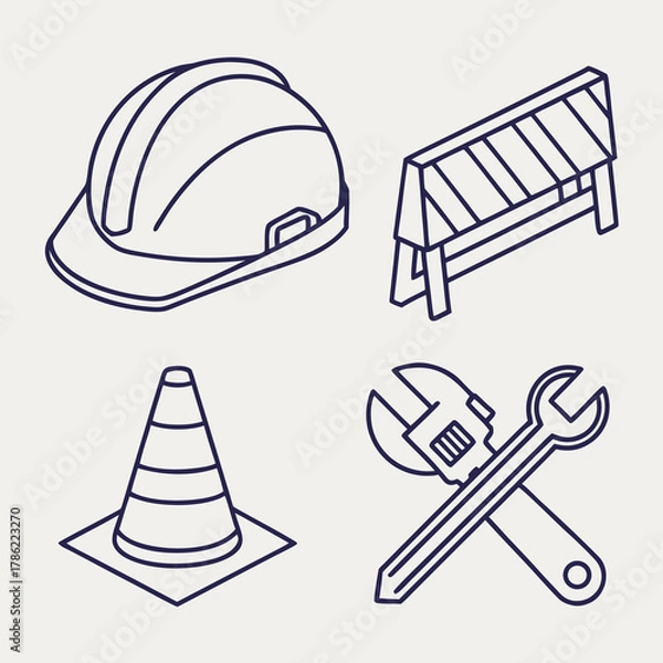 Fototapeta A collection of construction and safety icons including a hard hat traffic cone barricade and crossed wrenches presented in a clean minimalist isometric line art style on a neutral background