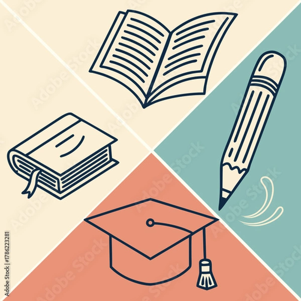 Obraz A simple line art illustration featuring a graduation cap an open book a closed book with a bookmark and a pencil drawing on a colorful geometric background