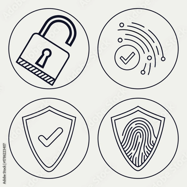 Fototapeta A set of four circular icons representing different aspects of digital security and personal data protection including a padlock a verified signal a shield and a fingerprint scan