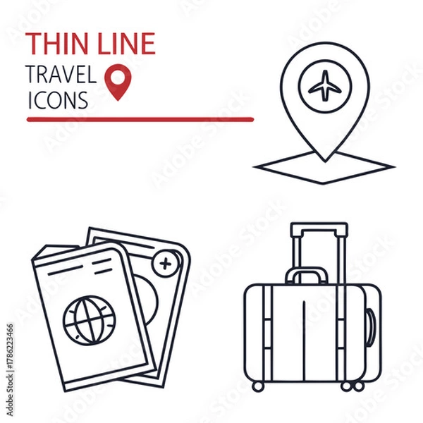 Fototapeta Collection of thin line travel icons representing a location pin with an airplane passports and a rolling suitcase for vacation planning and journeys