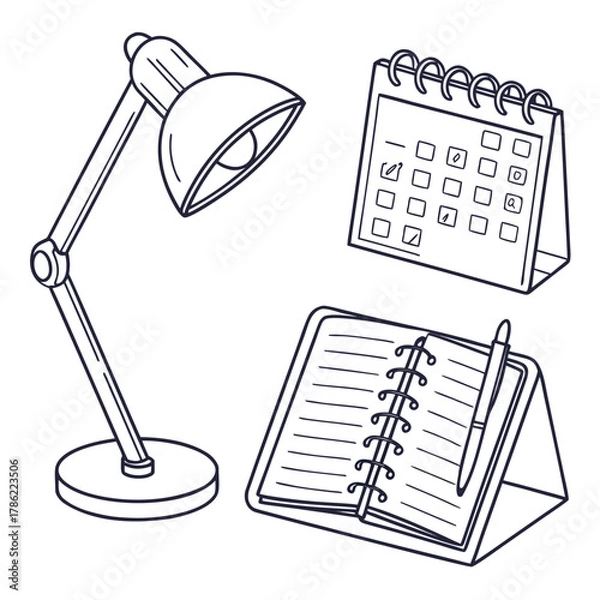 Fototapeta A simple line drawing of a desk lamp a spiral bound notebook with a pen and a desk calendar representing study and organization for work or school tasks