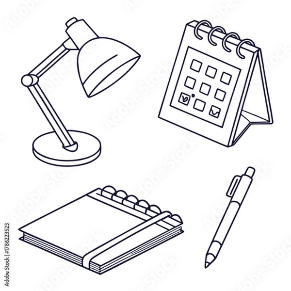 Fototapeta A simple line art illustration of essential desk items including a desk lamp a spiral bound notebook a desk calendar with checked dates and a ballpoint pen all isolated on a white background