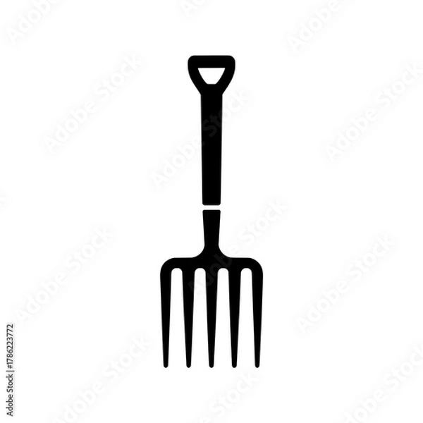 Fototapeta Solid Black Garden Fork Icon with D-Handle, Flat Design on White Background