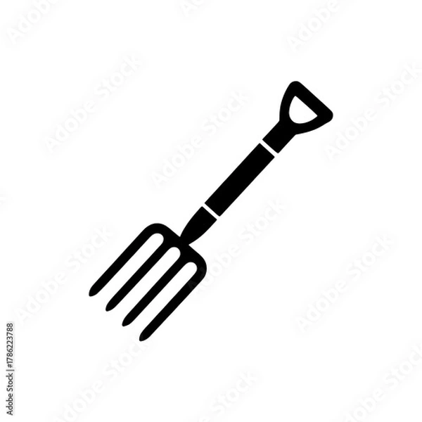 Fototapeta Solid black flat vector icon of a garden fork with a D-handle and four prongs, angled diagonally on a pure white background.