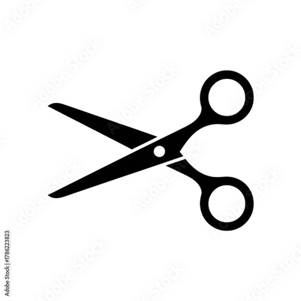Fototapeta Flat Solid Black Open Scissors Icon with White Pivot Point, Simple Minimalist Design on Pure White Background