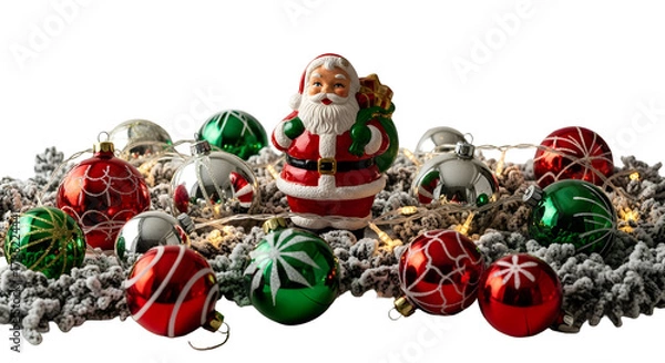 Fototapeta Santa Claus figurine surrounded by festive Christmas ornaments and twinkling lights, creating a joyful holiday scene