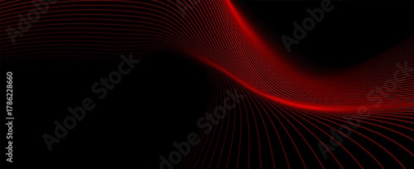 Fototapeta Dynamic Red Wave Motion on Black Backdrop. Suit for banner, web, brochure, pamflet and presentation