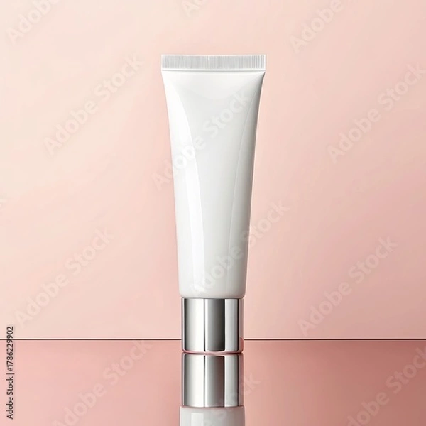 Fototapeta A white cosmetic cream tube with a silver cap, isolated on a pink background